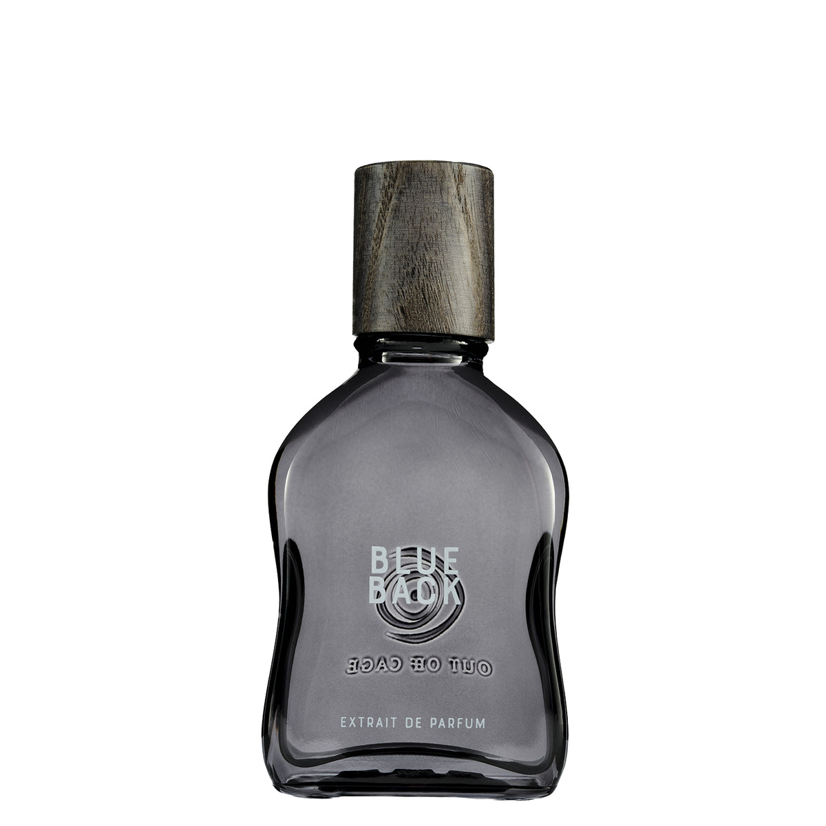 Blue Back - Extrait de Parfum | Out Off Cage Gray Flacon with wooden cap reading Blue Back Extrait de Parfum| AEDES.COM