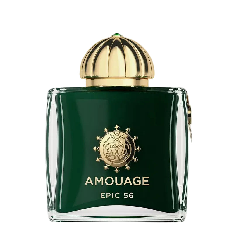 Amouage Epic 56 perfume bottle with gold cap on a white background