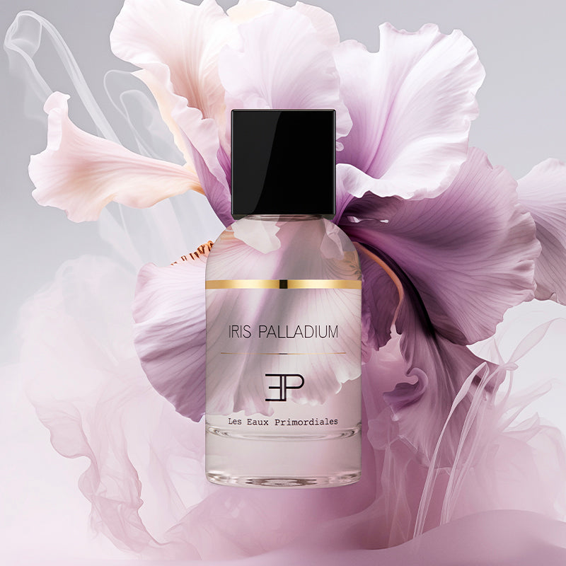 Iris Palladium - EdP Superclassique Collection | Les Eaux Primordiales Still life with flacon resting on an iris
