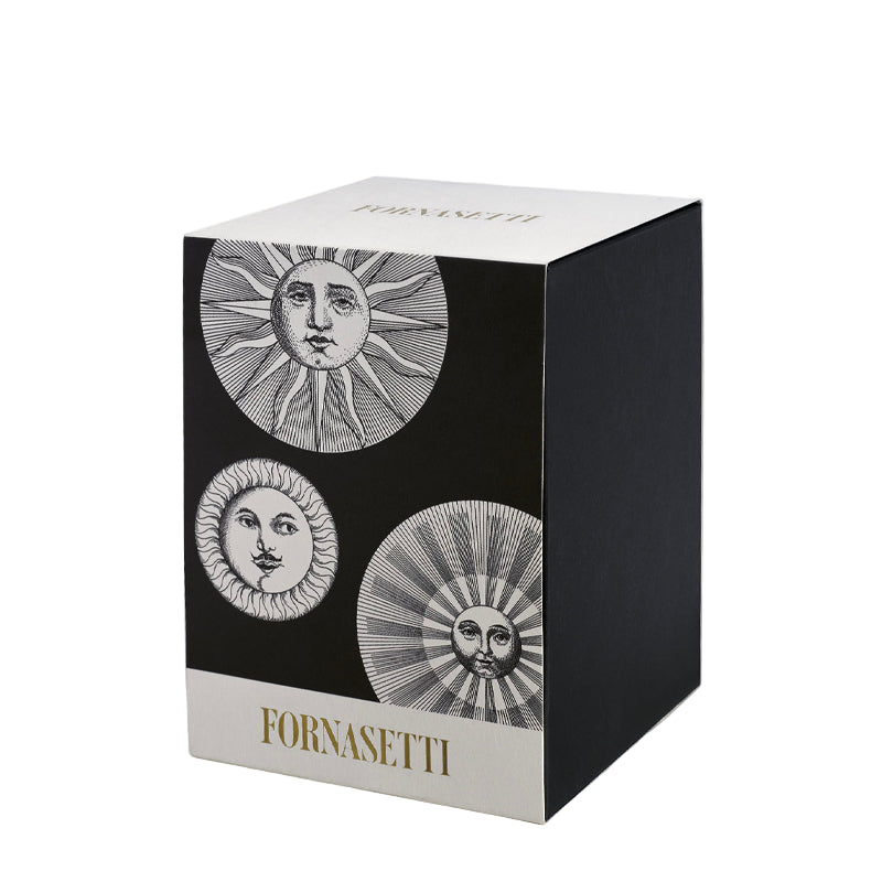 Fornasetti product packaging with sun and face design on a white background