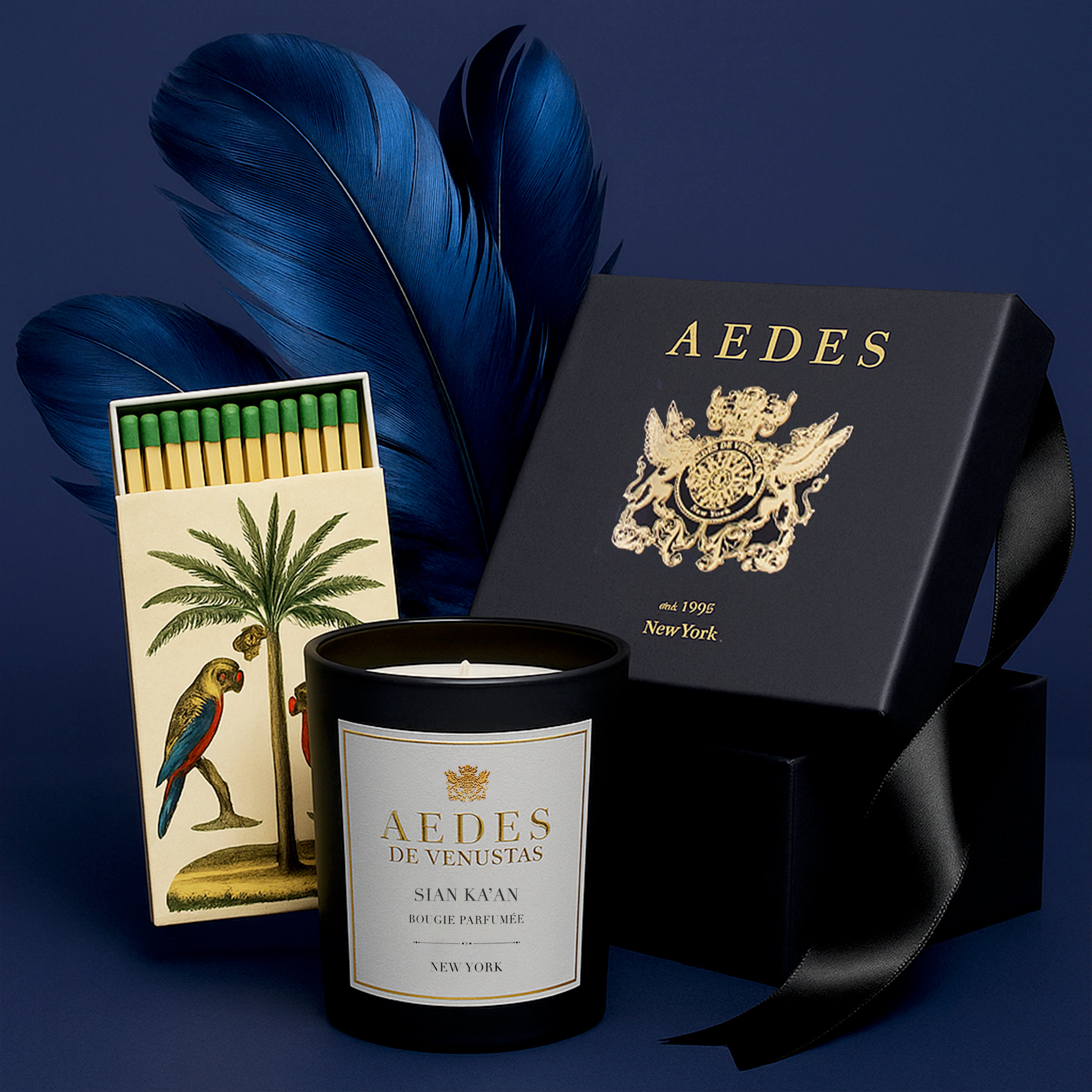 Aedes candle and matches with decorative box on a dark background