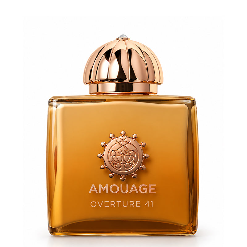 Overture 41 - Extrait de Parfum | Amouage | Orange flacon with gold plated crest and gold cap reading Amouage Overture 41
