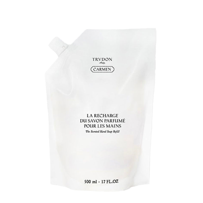 A white refill pouch of Trydon & Carmen Hand Sanitizer with black printed text on a solid white background.Carmen - Hand Soap Refill | Trudon | AEDES.COM