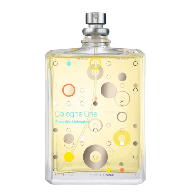 Cologne One perfume bottle with colorful molecular design on a white background