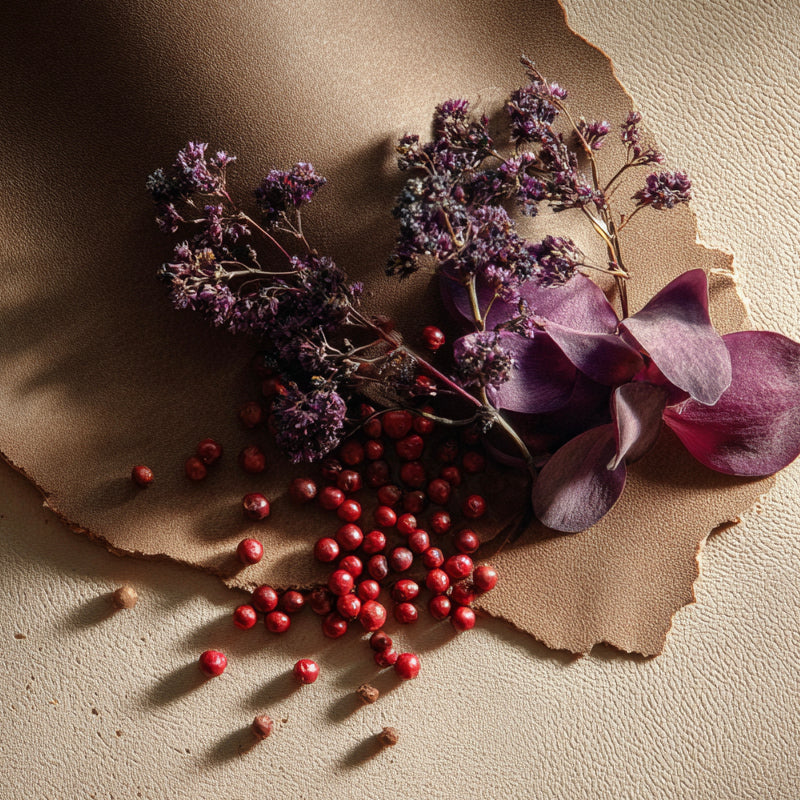 Purple flowers and red berries on a textured beige surface