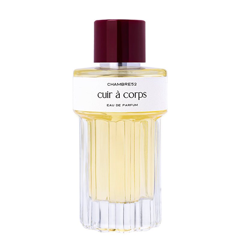 Perfume bottle labeled 'Chambre 52 Cuir à Corps' on a white background