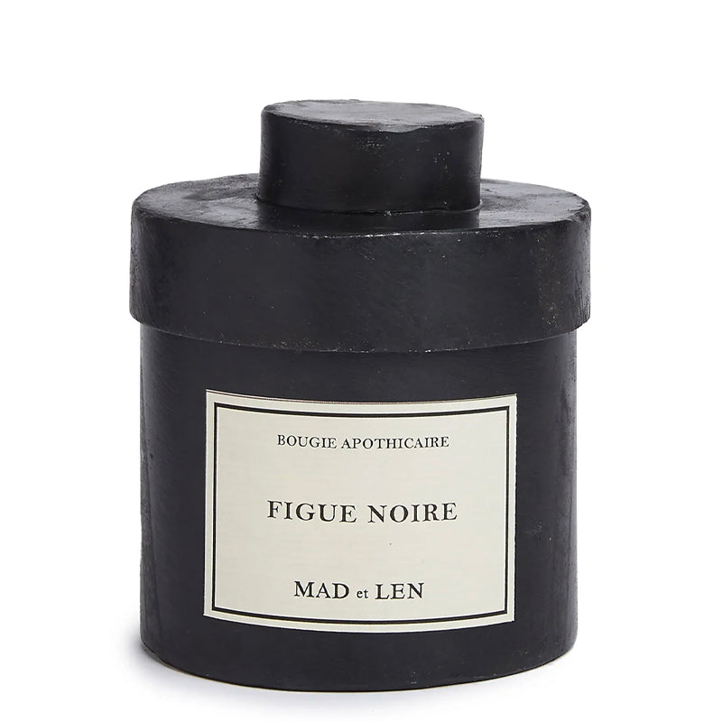 Black candle container with 'Figue Noire' label on a white background. Figue Noire - Bougie Apothicaire | Mad et Len | AEDES.COM