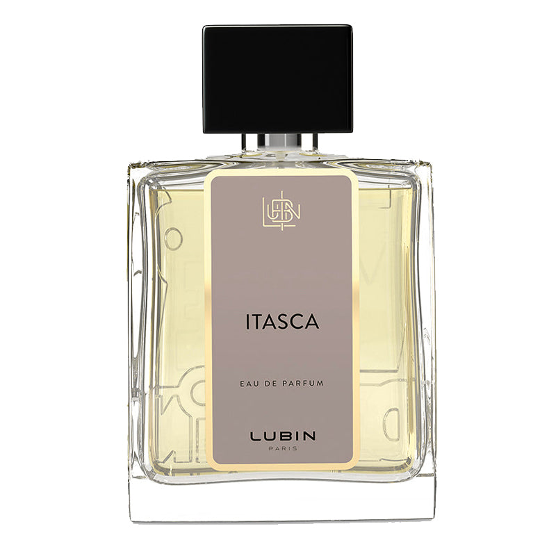 A bottle of Lubin Paris Itasca Eau de Parfum, featuring a clear glass bottle with a pale yellow liquid, a central taupe label with gold borders, and a matte black rectangular cap, set against a plain white background.