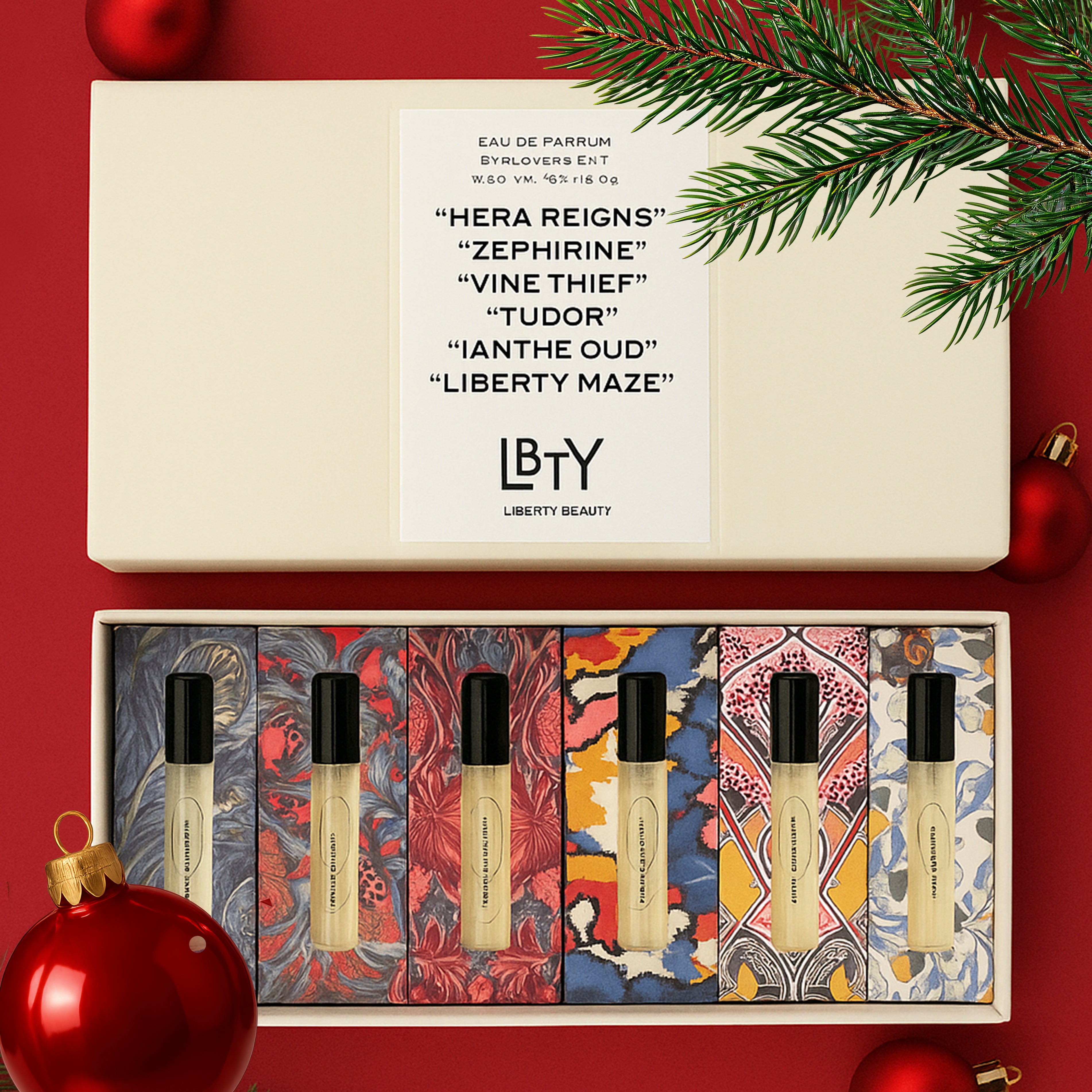 Set of perfume bottles with decorative packaging on a red background