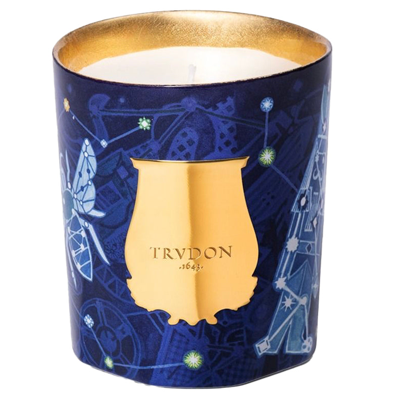 Trudon LUNA candle with blue design and gold accents on a white background