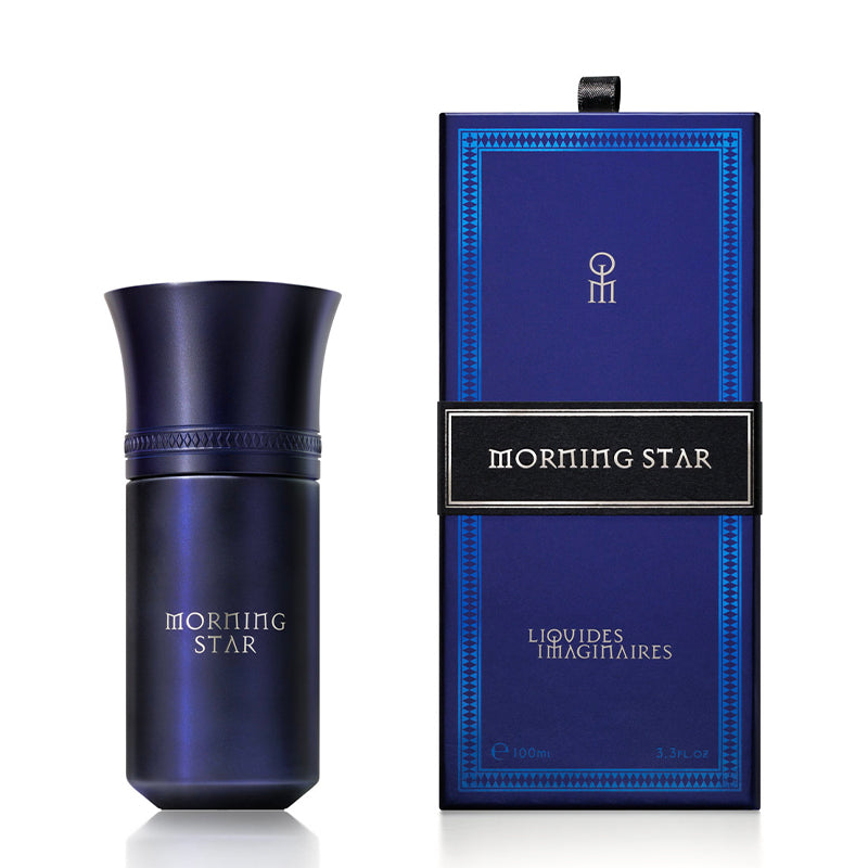 3.4oz Fragrance flacon and blue box by Liquides Imaginaires in blue reading Morning Star on white background.