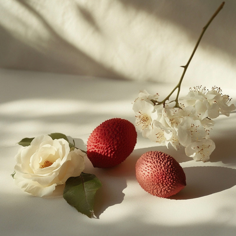 Two lychees and a white rose on a light surface with soft shadows.