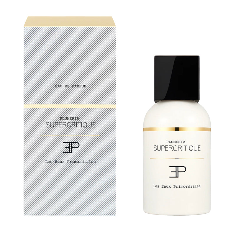 Pluméria - EdP - Supercritique Collection | Les Eaux Primordiales Perfume bottle and packaging of Plumeria Supercritique on a white background