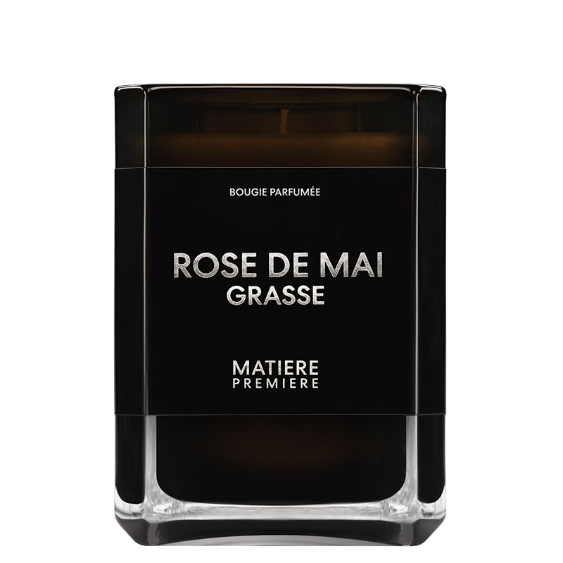 Black candle with 'Rose de Mai Grasse' text on a white background by Matiere Premiere
