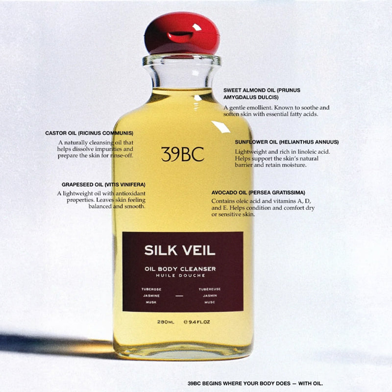 Bottle of 39BC Silk Veil Oil Body Cleanser with a red cap on a light gray background