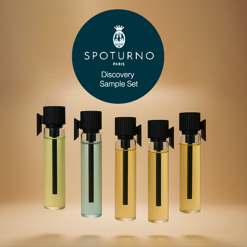 Five small perfume bottles with black caps on a beige background, featuring the Spoturno Paris logo.
