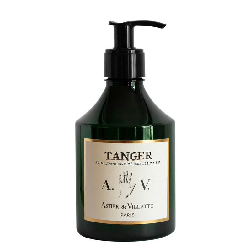 Tanger Hand Wash by Astier de Villatte. A 350ml | 11.8oz dark green pump bottle, a black pump and a white label reading Tanger Soin Lavant Perfume Pour Les Mains Astier de Villatte Paris. The pump and bottle is plastic.
