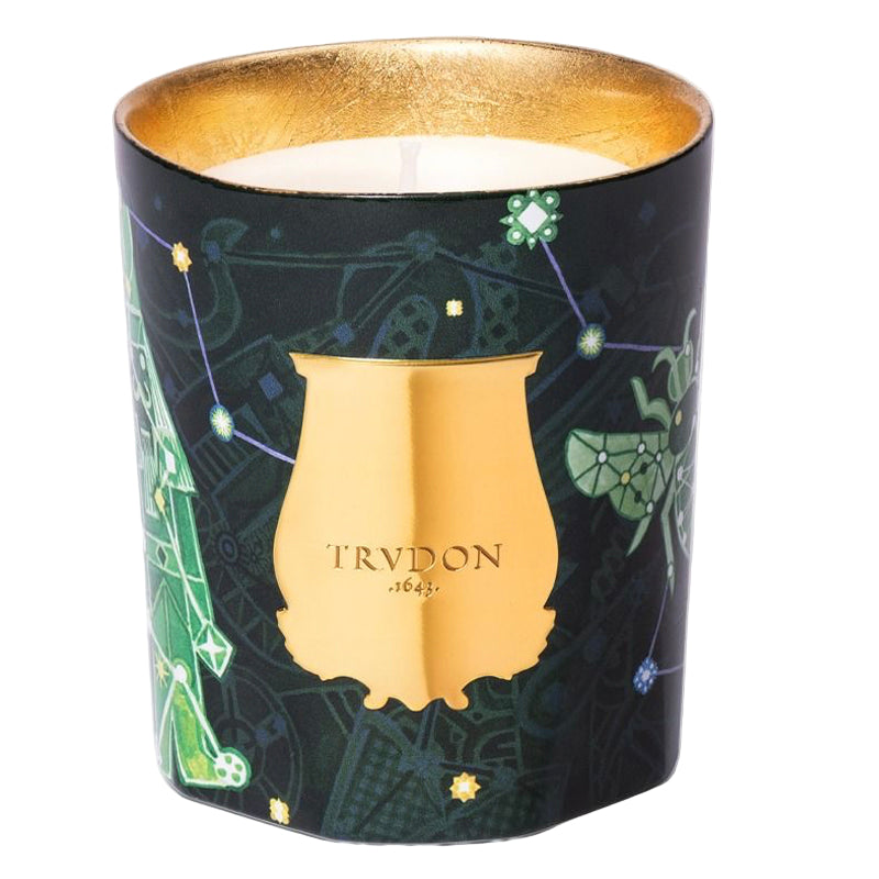 Trudon Fir candle with decorative design on a white background. Holiday 2025