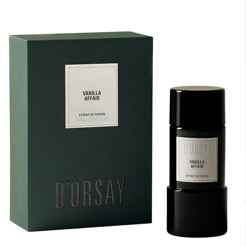 Black fragrance flacon by D'Orsay with a green box next to it. White square label attached to both box and flacon reads D'Orsay Vanilla Affair Extrait de Parfum. Size is 3oz.