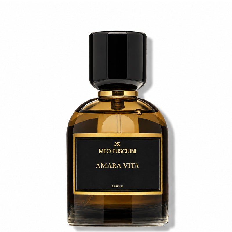 Meo Fusciuni Amara Vita Parfum bottle in amber glass with a glossy black cap and gold-trimmed black label, photographed on a white background.