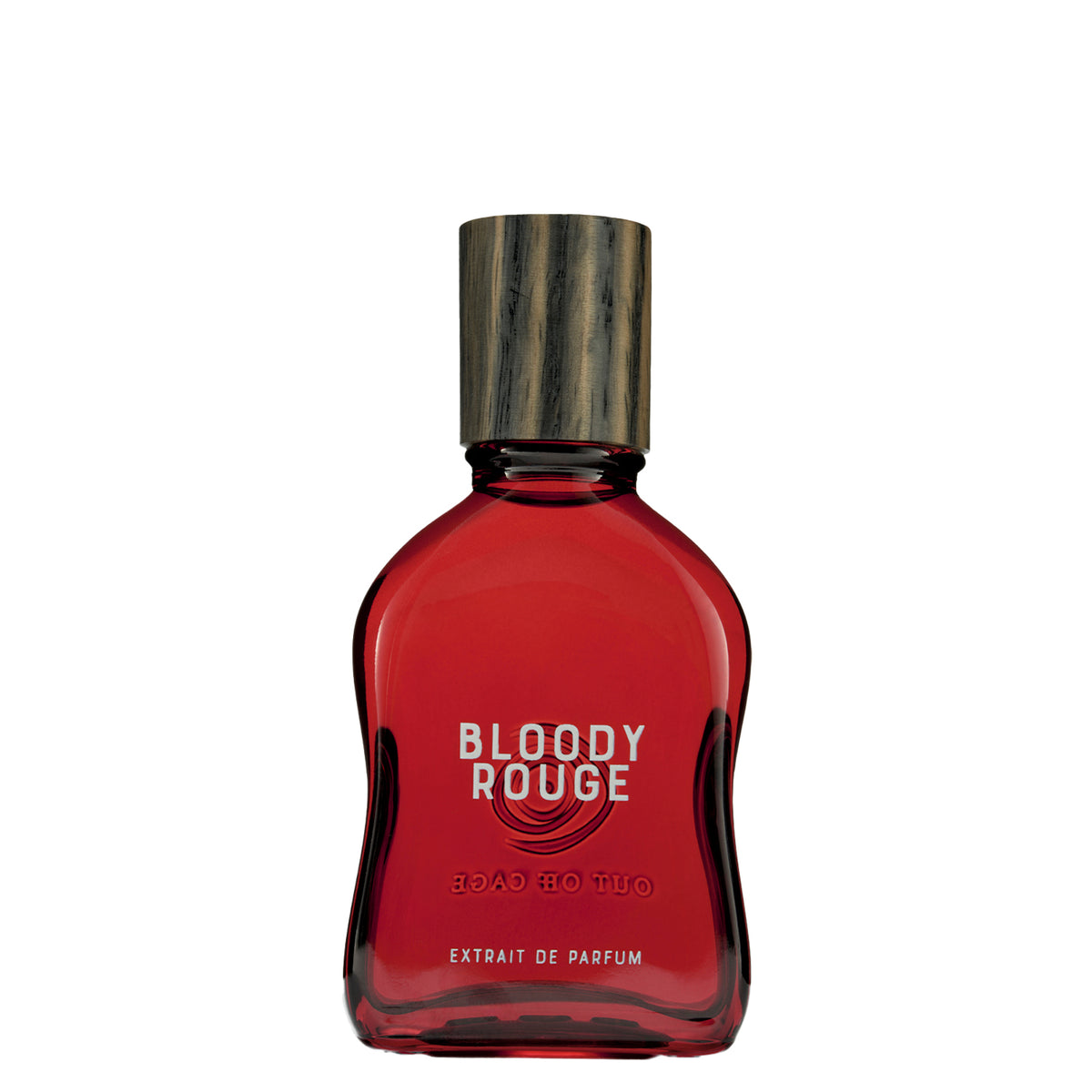 Bloody Rouge - Extrait de Parfum. Image of red flacon with wooden top reading Bloody Rouge Extrait de Parfum | Out Off Cage | AEDES.COM