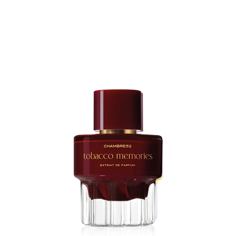 Chambres2 Tobacco Memories Extrait de Parfum bottle, featuring a dark reddish-brown glass body with a matching dark cap and gold lettering, set against a plain white background. Tobacco Memories - Extrait de Parfum | Chambre 52 | AEDES.COM