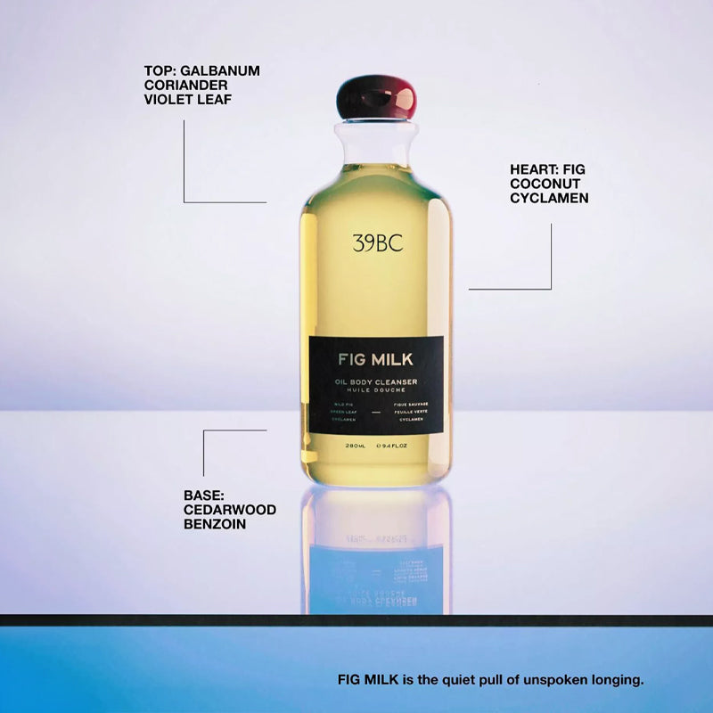 Bottle of 39BC Fig Milk oil body cleanser with fragrance notes on a reflective surface