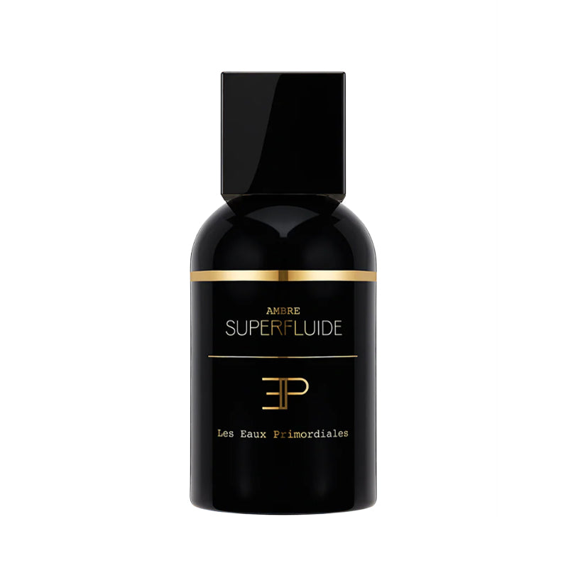 Black Superfluide perfume bottle with gold accents on a white background. Ambre Superfluide EdP - Superfluide Collection | Les Eaux Primordiales


