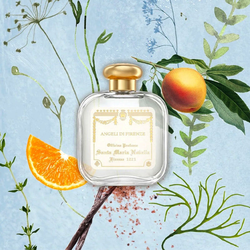 Perfume bottle with gold cap on a decorative background with orange, peach, and green leaves. Angeli di Firenze Acqua di Colonia by Santa Maria Novella 100ml