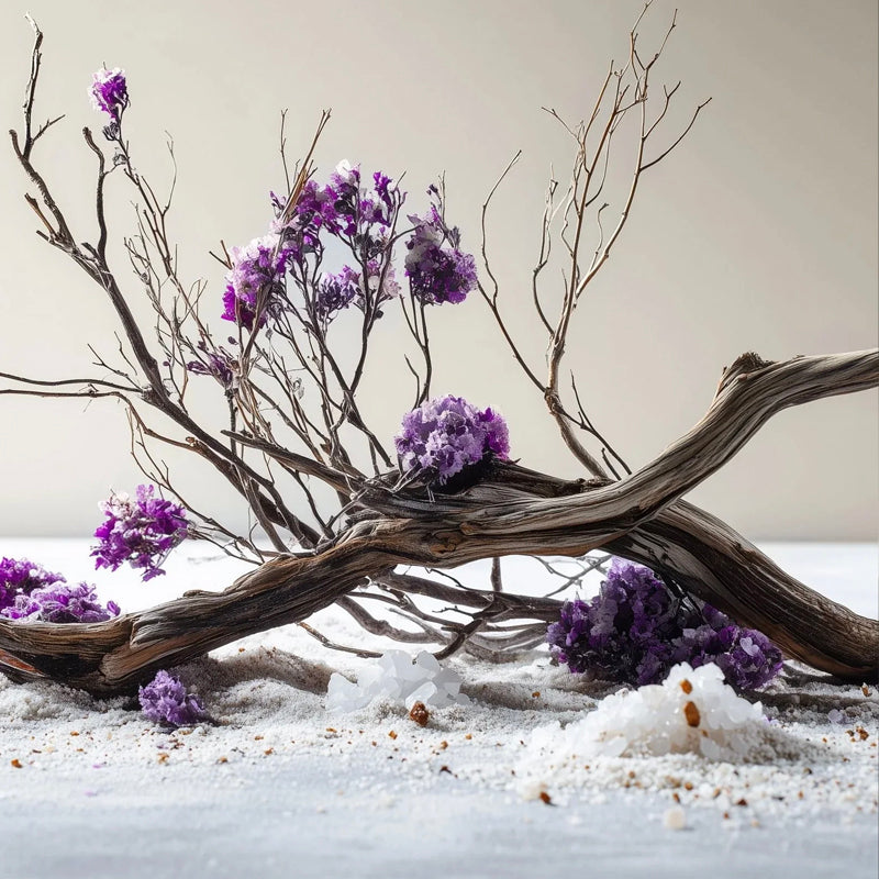 Decorative arrangement of purple flowers and branches on a white surface with a neutral background