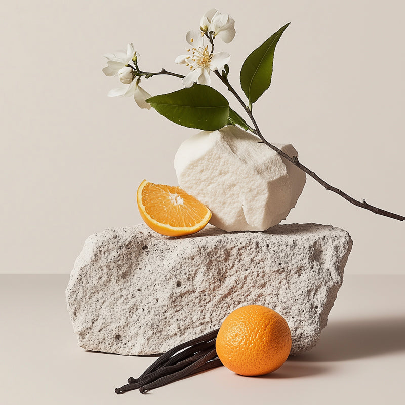 Oranges, vanilla beans, and a white stone with a branch on a beige background