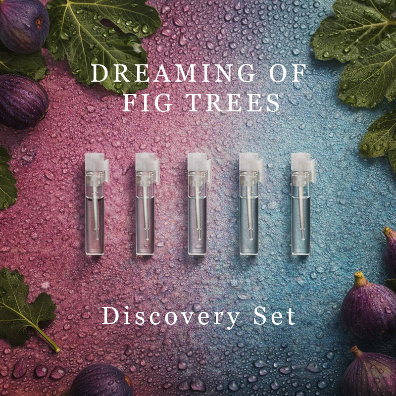 Discovery set of 5 sample vials with figs and leaves on a colorful background