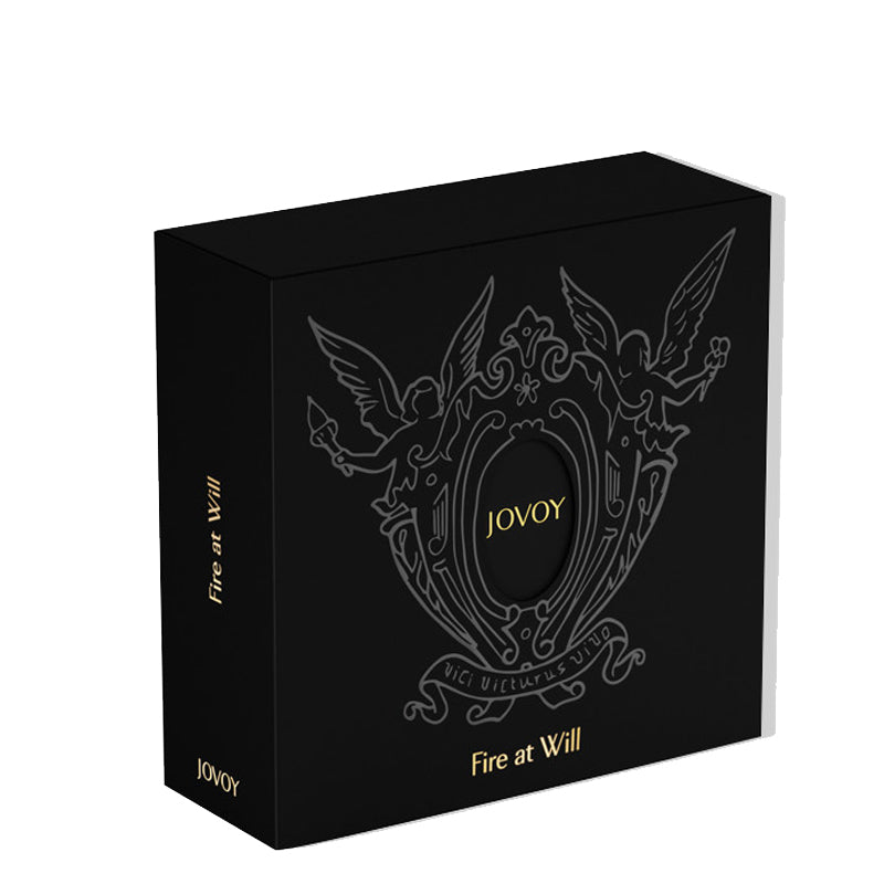 Black packaging box with JOVOY logo and 'Fire at Will' text on a white background