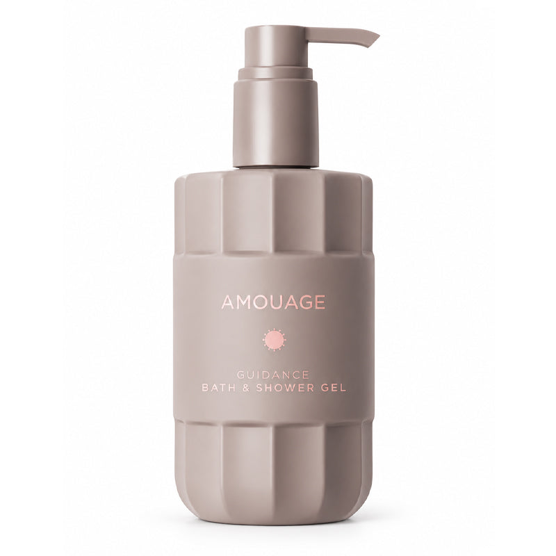 Amouage Guidance Bath & Shower Gel in a ribbed matte taupe pump bottle, shown on a clean white background.