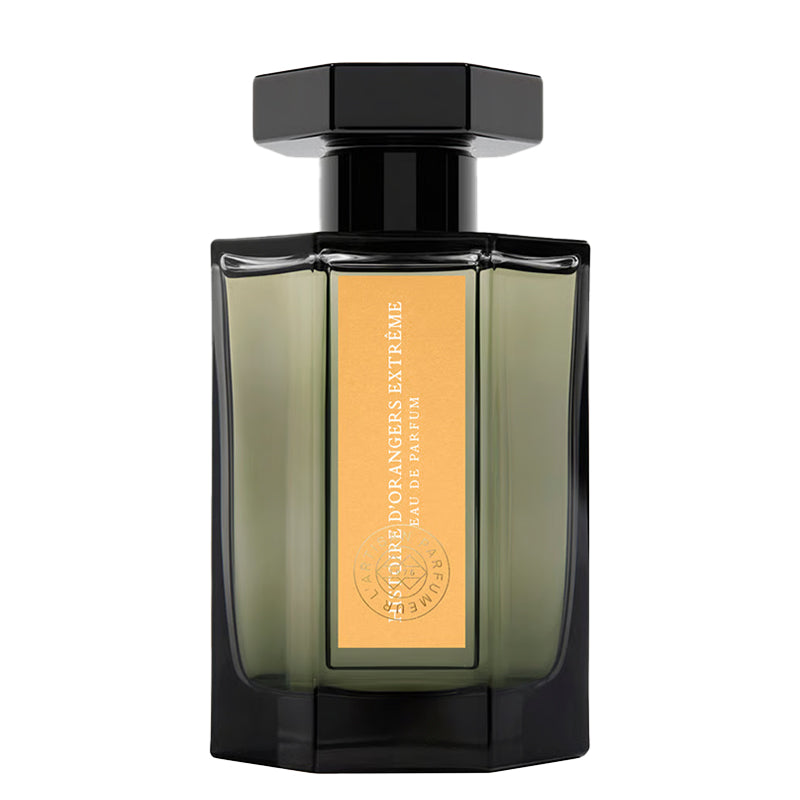 Perfume bottle with black cap and green body on a white background. Histoire d'Oranger Extreme by L'Artisan Parfumeur
