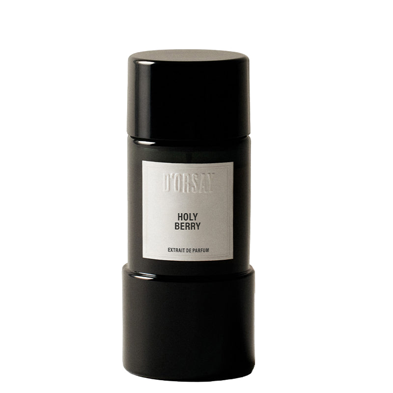 


Black perfume bottle labeled 'Holy Berry' by D'Orsay on a white background