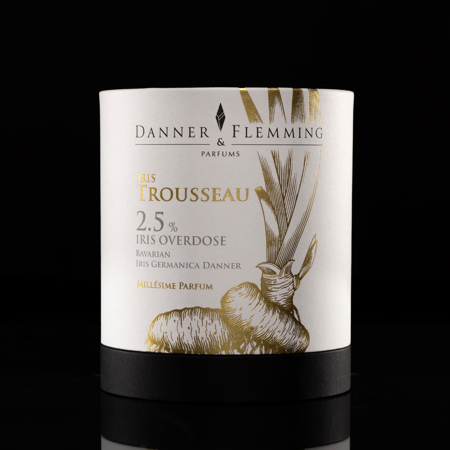 Danner & Flemming perfume bottle with intricate label design on a black background. Iris Trousseau Millésime Parfum • Selection 2026 | Danner & Flemming | AEDES.COM
