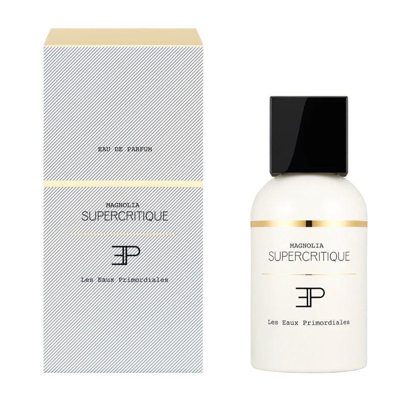 Perfume bottle and packaging of Magnolia Supercritique on a white background. Magnolia EdP - Supercritique Collection | Les Eaux Primordiales 100ml