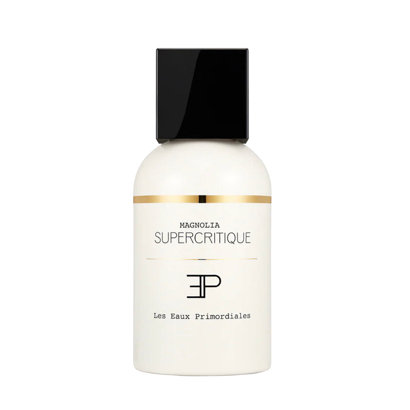 Magnolia EdP - Supercritique Collection | Les Eaux Primordiales . 100ml White bottle with black cap labeled 'Supercritique' on a white background