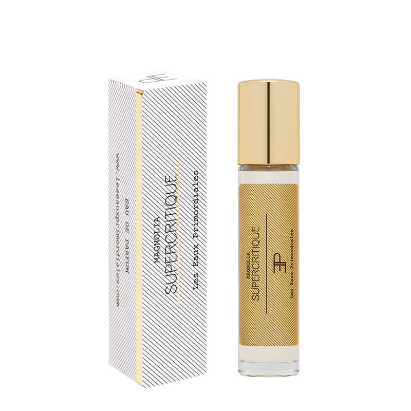 Supercritique edp travel spray packaging with gold and white design on a white backgroun. Magnolia EdP - Supercritique Collection | Les Eaux Primordiales Travel size