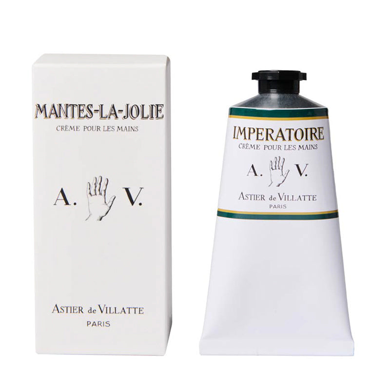 A white hand cream tube and its matching white box, both printed with 'MANTES-LA-JOLIE', 'A. V. Astier de Villatte