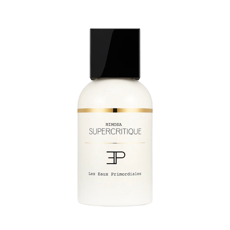 Mimosa EdP - Supercritique Collection | LES EAUX PRIMORDIALES. White bottle with black cap labeled 'Supercritique' on a white background