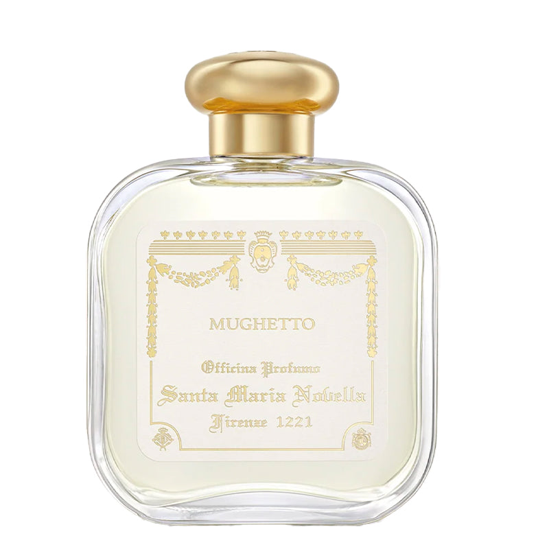 Santa Maria Novella Mughetto Perfume bottle with gold cap and decorative label on a white background