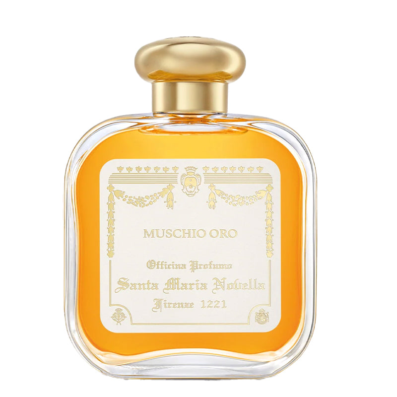 Muschio Oro | Gold Musk - Acqua di Colonia Perfume bottle with gold cap and decorative label on a white background