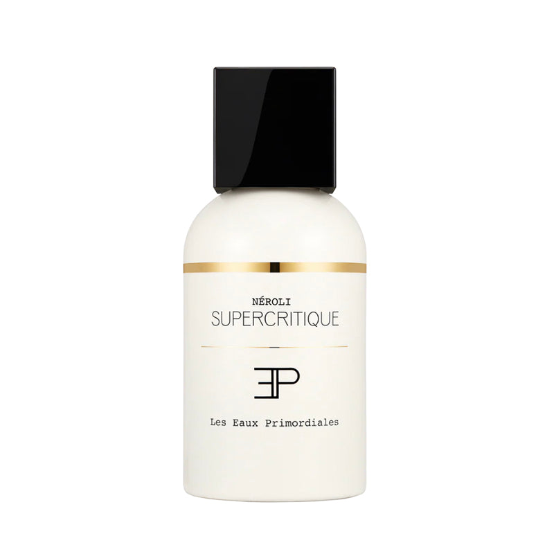 3.4oz Perfume bottle with black cap and white body on a white background. Néroli EdP - Supercritique Collection | Les Eaux Primordiales 