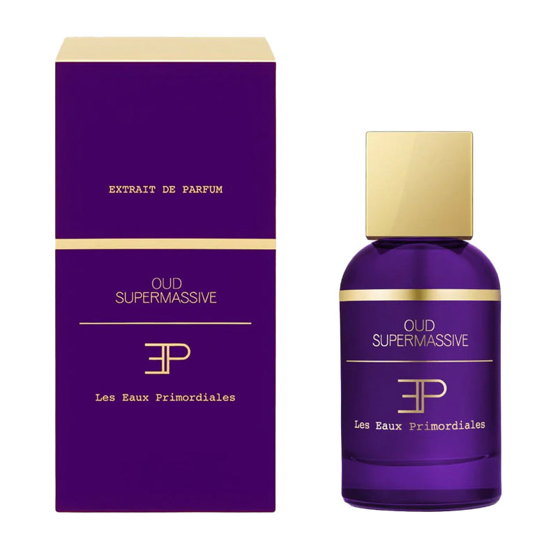 Purple perfume bottle and packaging with gold accents on a white background. Oud Supermassive - Extrait de Parfum 100ml | Les Eaux Primordiales | AEDES.COM