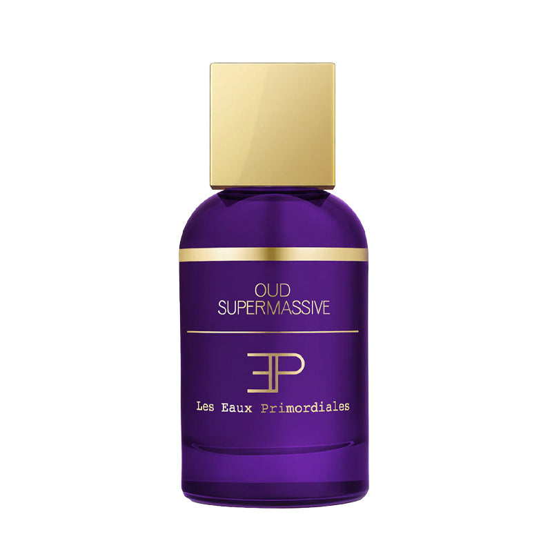 Purple perfume bottle with gold cap on a white background. Oud Supermassive - 100ml Extrait de Parfum | Les Eaux Primordiales | AEDES.COM