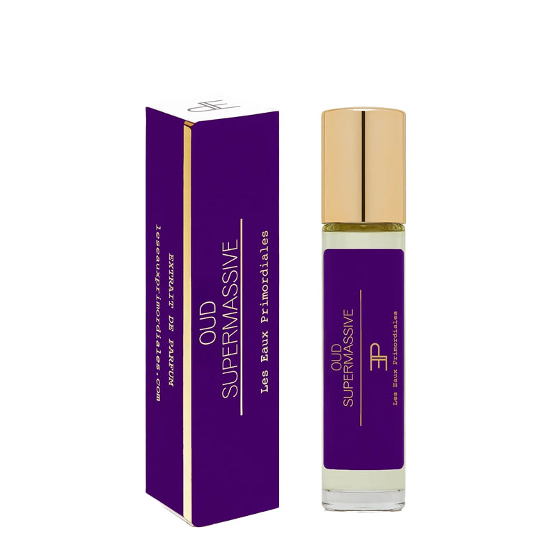 Purple perfume bottle and packaging with gold cap on a white background. Oud Supermassive - Extrait de Parfum 10ml | Les Eaux Primordiales | AEDES.COM