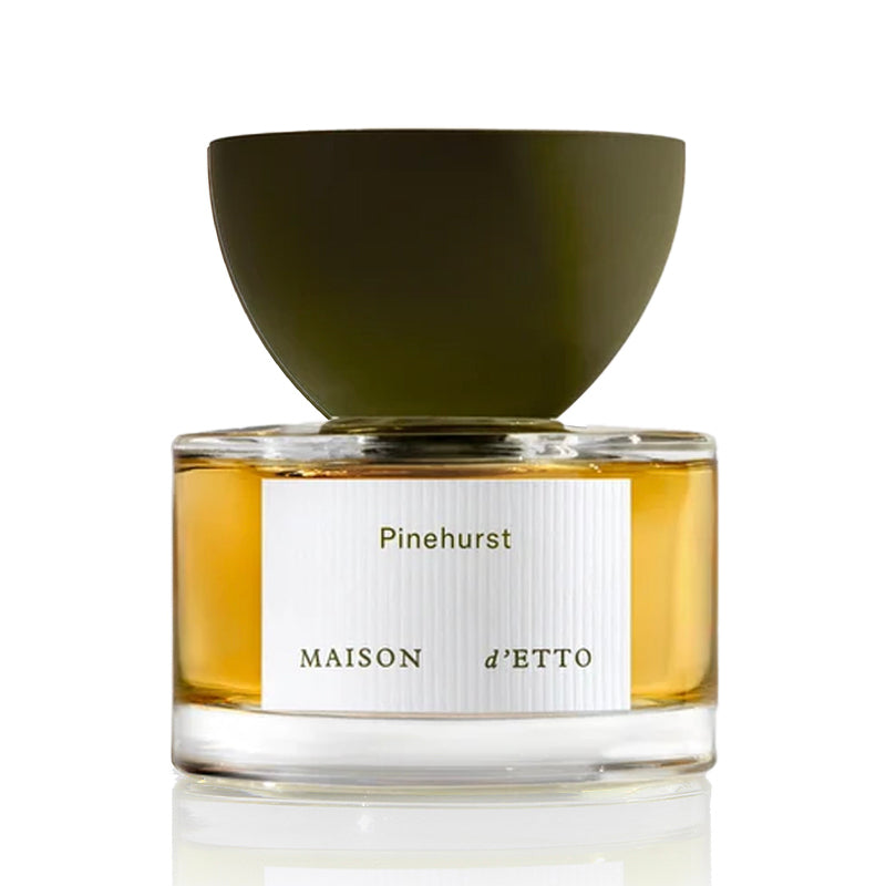 Maison d'Etto fragrance flacon, clear glass, green cap with white label reading Pinehurst   Maison d'Etto 