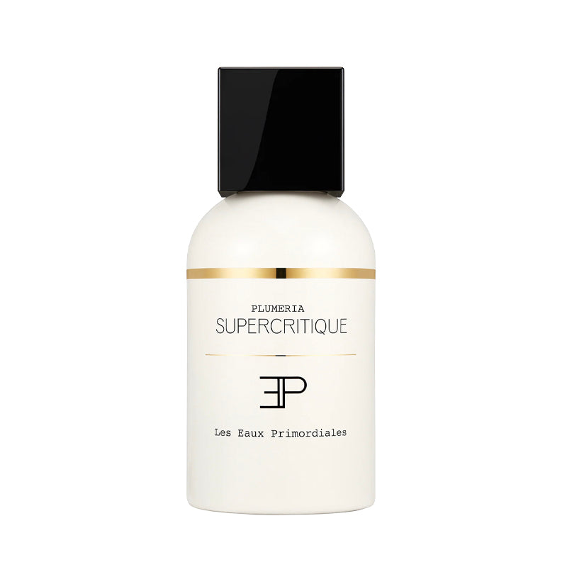 Pluméria - EdP - Supercritique Collection | Les Eaux Primordiales. White perfume bottle with black cap on a white background